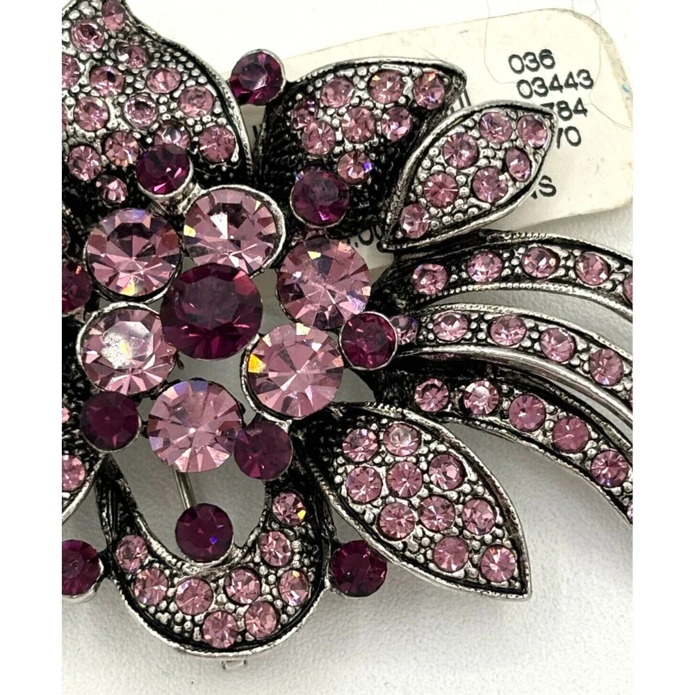 Express Crystal Floral Rhinestone Brooch PurplePink Silvertone Statement Pin NWT